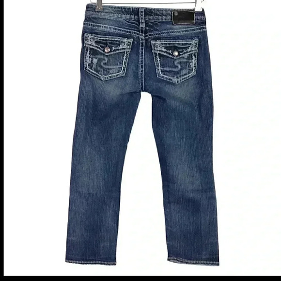 Silver Aiko Women 27 Mid Capri Jeans Blue Cotton Stretch Whiskered Embroidered - Picture 6 of 8